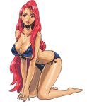 1girl alternate_hairstyle bad_id barefoot bra breasts capcom cleavage crimson_viper dark_skin hair_down kneeling large_breasts lingerie lips lipstick long_hair makeup milf navel okada_(hoooojicha) panties red_eyes red_hair solo street_fighter street_fighter_iv underwear underwear_only very_long_hair