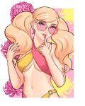 absurd_res alluring ann_takamaki atlus big_breasts bikini chrysanthemum criss-cross_halter earrings flower halterneck high_res index_finger_raised jewelry looking_at_viewer multicolored_bikini nail_polish navel o-ring o-ring_bikini orange_bikini parted_lips persona persona_5 pink-tinted_eyewear pink_bikini sega stud_earrings swimsuit tinted_eyewear twin_tails two-tone_bikini version5art