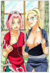 2_girls blonde_hair blush cowboy_shot exposed_breasts indoors ino_yamanaka long_hair manga_style naruto naruto_shippuden nipples pink_hair sakura_haruno smile tagme