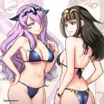 1girl 2_girls alluring artist_name back_view big_breasts bikini black_hair brown_eyes camilla_(fire_emblem) cleavage etchimune female_only fire_emblem fire_emblem_awakening fire_emblem_fates fire_emblem_warriors front_view grin hair_over_one_eye human human_only intelligent_systems long_hair medium_breasts nintendo one_eye_covered purple_eyes purple_hair smile smirk smirking swimsuit tharja tharja_(fire_emblem) white_background