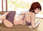 1girl alluring atlus big_ass big_breasts blush bra brown_hair lingerie looking_at_viewer lying lying_on_ground lying_on_stomach makoto_niijima nero_watch nipples panties persona persona_5 red_eyes sega short_hair sideboob silf thick thick_ass thick_thighs thighs underwear
