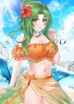1girl 1girl alluring bare_shoulders big_breasts bikini blue_sky cloud commentary_request cowboy_shot day elincia_ridell_crimea elincia_ridell_crimea_(summer) felielle fire_emblem fire_emblem:_radiant_dawn fire_emblem_heroes flower green_hair hair_flower hair_ornament hand_up hibiscus intelligent_systems jewelry lens_flare long_hair looking_at_viewer navel necklace nintendo off-shoulder_bikini off_shoulder official_alternate_costume orange_bikini puffy_short_sleeves puffy_sleeves red_flower sarong short_sleeves sky smile standing stomach swimsuit thighs yellow_eyes