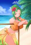1girl 1girl alluring beach bikini blue_sky blush bow braid closed_eyes day elincia_ridell_crimea elincia_ridell_crimea_(summer) fire_emblem fire_emblem:_radiant_dawn fire_emblem_heroes flower green_hair hibiscus high_res intelligent_systems long_hair navel nintendo ocean official_alternate_costume orange_bikini outside palm_tree red_flower sand sarong serafineart1001 side-tie_bikini_bottom sky swimsuit tree twitter_username water