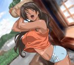 1girl arms_up basket black_bra blush bra breasts brown_eyes brown_hair dark_skin dutch_angle female hentai incest_paradise kuzukago_(bitchmaker) large_breasts long_hair midriff no_graffiti open_mouth outdoors shiny_skin short_shorts shorts shouji skindentation solo tan tan_line tank_top underwear