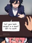 1boy 2_girls a.mikusa ai_generated angry_expression angry_face black_hair blowjob_face blowjob_under_table blush blush_lines blushing_at_viewer fellatio light-skinned_female light_skin long_hair looking_at_viewer male office_lady out-of-frame_censoring out_of_frame pink_eyes pink_hair pov pov_male sexually_suggestive text under_table yellow_eyes