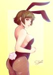 1girl 1girl 1girl alluring alternate_costume ass atlus big_ass bunny_ears bunnysuit lipstick makoto_niijima medium_breasts persona persona_5 red_eyes sega sideboob silf simple_background slimii yellow_background