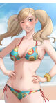 1girl 1girl 1girl ;d absurd_res alluring ann_takamaki ann_takamaki_(swimsuit) atlus beach bikini blonde_hair blue_eyes blue_sky cloud collarbone commentary cowboy_shot day eyelashes floral_print floral_print_bikini glint grin hair_ornament hairclip hands_on_own_hips heart high_res ikhwan_maulana lips long_hair looking_at_viewer medium_breasts multicolored_bikini navel one_eye_closed open_mouth outside persona persona_5 print_bikini scrunchie sega side-tie_bikini_bottom sky smile stomach swimsuit symbol-only_commentary tsurime twin_tails wrist_scrunchie