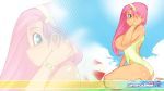 1girl ass back bare_shoulders bracelet breasts doxy fluttershy friendship_is_magic green_eyes hairband high_res huge_breasts jewelry kneel long_hair my_little_pony nipples one-piece_swimsuit pink_hair sky solo swimsuit umbrella wallpaper widescreen zoom_layer