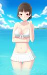 1girl 1girl alluring atlus blush brown_hair curvy cute kainkout looking_at_viewer makoto_niijima medium_breasts ocean persona persona_5 red_eyes sega short_hair shy silf skirt swimsuit teen thick thick_thighs thin thin_waist