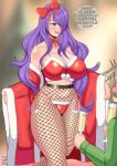 1boy 1girl absurd_res alluring big_breasts blush bow camilla_(fire_emblem) caprednahu christmas cleavage commentary english_commentary english_text fire_emblem fire_emblem_fates fire_emblem_warriors fishnet_thighhighs fishnets fur_trim grey_hair hair_bow hair_over_one_eye high_res intelligent_systems lips long_hair nintendo open_mouth purple_eyes purple_hair purple_lips santa_costume speech_bubble stockings takumi_(fire_emblem) very_long_hair wavy_hair