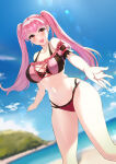 1girl alluring bare_shoulders beach big_breasts bikini blue_sky blurry blurry_background cleavage cloud collarbone female_focus fire_emblem fire_emblem:_three_houses fire_emblem_heroes high_res hilda_valentine_goneril hilda_valentine_goneril_(summer) intelligent_systems long_hair looking_at_viewer matching_hair/eyes navel nintendo ocean off-shoulder_bikini off_shoulder official_alternate_costume open_mouth outside pink_eyes pink_hair sand sky smile standing stomach swimsuit tara_(szzj7733) thighs tongue twin_tails wide_hips
