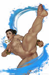 1girl barefoot black_eyes black_hair bracelet breasts capcom chinese_female chun-li clenched_hand completely_nude completely_nude_female dima_ivanov earrings expressionless female_only female_solo fighting_stance hair_bun half-closed_eyes high_kick jewelry kicking leg_lift legs lips lipstick looking_at_viewer makeup neck nipples nude nude_female parted_lips pose posing pussy red_lipstick serious shaved_pussy short_hair small_breasts standing standing_on_one_leg street_fighter street_fighter_zero thighs tied_hair uncensored white_background white_earrings