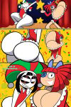 1girl 2_girls ass ass_bigger_than_head ass_bigger_than_torso ass_shake big_ass big_breasts big_breasts big_breasts black_hair bottom_heavy breasts breasts_bigger_than_head breasts_bigger_than_torso bubble_butt christmas christmas_outfit cleavage clothing dancing dialogue doll_girl fat_ass female_only hat huge_ass huge_breasts jester_hat large_ass massive_ass massive_breasts no_bra oboithisisfunky png pomni_(the_amazing_digital_circus) ragatha_(the_amazing_digital_circus) red_hair shaking_ass stage swinging_breasts text the_amazing_digital_circus thick_ass thick_thighs thunder_thighs top_heavy white_skin wide_hips