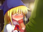 blonde_hair brush censored cg closed_eyes dark_skin dress erokosei fellatio hair high_res long_hair madou_monogatari oral penis penis_grab puyo_puyo sega witch witch_(puyopuyo) witch_hat worried