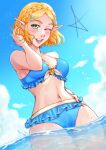 1girl 1girl alluring big_breasts bikini blonde_hair green_eyes looking_at_viewer nintendo princess_zelda red_draws short_blonde_hair swimsuit tagme the_legend_of_zelda the_legend_of_zelda:_tears_of_the_kingdom zelda_(tears_of_the_kingdom)