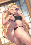 1girl 1girl :p alluring ass big_breasts black_panties black_sports_bra blonde_hair cellphone cowboy_shot curvy from_behind high_res holding holding_phone kagato007 long_hair looking_at_viewer looking_back mythra_(xenoblade) panties phone selfpic smartphone sports_bra sweat swept_bangs tiara tongue tongue_out twisted_torso underwear underwear_only v very_long_hair xenoblade_(series) xenoblade_chronicles_2 yellow_eyes