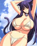  1girl animal_ears arms_up asobi_ni_iku_yo! bell bell_collar big_breasts bikini blush breasts cat_ears cat_tail cleavage collar huge_breasts kuune large_breasts long_hair magaki_ryouta purple_hair smile solo swimsuit tail 