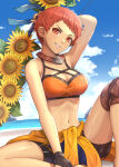 1girl 1girl absurd_res arm_up bare_arms bare_shoulders bike_shorts bikini bikini_top_only blue_sky cleavage clothes_around_waist collarbone day feet_out_of_frame female_focus fire_emblem fire_emblem:_three_houses fire_emblem_heroes flower gonzarez grin high_res holding holding_sword holding_weapon jewelry knee_pads leonie_pinelli leonie_pinelli_(summer) looking_at_viewer matching_hair/eyes medium_breasts navel necklace nintendo official_alternate_costume orange_bikini outside parted_lips red_eyes red_hair short_hair sitting sky smile stomach sunflower sweat swimsuit sword v-shaped_eyebrows weapon yellow_flower