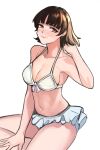 1girl 1girl 1girl atlus belly big_breasts bikini bikini_bottom bikini_top blush bra brown_hair female_focus female_only frilled_bikini grin hand_on_head hand_on_thigh makoto_niijima makoto_niijima_(swimsuit) nero_watch panties persona persona_5 persona_5_royal persona_5_scramble:_the_phantom_strikers sega silf simple_background smile solo_female solo_focus thick_thighs thunder_thighs white_bikini white_bikini_bottom white_bikini_top