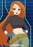 1girl bangs belt black_shirt blue_background breasts brother-tico brown_belt contrapposto disney female_only female_solo gloves green_eyes green_pants grey_gloves hands_on_hips heroine kim_possible kimberly_ann_possible long_hair long_sleeves looking_at_viewer medium_breasts midriff naughty_face navel neck open_mouth orange_hair pants round_teeth shirt smile standing straight_hair swept_bangs teen teenage_girl teeth turtleneck turtleneck_shirt upper_teeth upper_teeth_only very_long_hair
