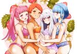 4girls :d absurd_res alluring bare_arms bare_shoulders blue_bra blue_hair blue_panties blunt_bangs blush bra braid brown_eyes cleavage closed_mouth collarbone commentary_request cowboy_shot crown_braid female_focus fire_emblem fire_emblem:_three_houses flower food frilled_bra frilled_panties frills fruit grin high_res hilda_valentine_goneril holding_hands huge_filesize intelligent_systems interlocked_fingers leaf leonie_pinelli lingerie long_hair looking_at_viewer lysithea_von_ordelia marianne_von_edmund matching_hair/eyes medium_breasts multiple_girls nintendo open_mouth orange_bra orange_eyes orange_hair orange_panties oroshipon_zu panties pink_background pink_bra pink_eyes pink_hair profile short_hair sidelocks silver_hair small_breasts smile strawberry twin_tails underwear underwear_only very_long_hair white_bra white_flower white_panties