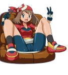  1girl bad_id bandana bandanna bike_shorts blue_eyes brown_hair cameltoe gloves haruka_(pokemon) pocky pokemon ryunryun simple_background solo spread_legs v white_background 