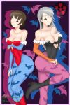 1girl 2_girls animal_print arukas ass atlus bat_print big_breasts big_breasts black_leotard brown_eyes brown_hair cosplay darkstalkers female_only leotard lilith_aensland_(cosplay) long_hair makoto_niijima medium_hair megami_tensei morrigan_aensland_(cosplay) multiple_females multiple_girls persona persona_5 red_eyes red_leotard sae_niijima sega silf silfs silver_hair sisters