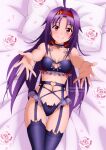 1girl alluring cleavage konno_yuuki lingerie magenta_eyes medium_breasts on_bed pin_up purple_hair shugo19 sword_art_online