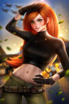 1girl arm_up ayyasap bangs belt black_gloves black_shirt blurry blurry_background blush breasts brown_belt contrapposto disney female_only female_solo gloves green_eyes green_pants grin hand_on_hip heroine kim_possible kimberly_ann_possible lips lipstick long_hair long_sleeves looking_at_viewer makeup medium_breasts midriff naughty_face navel navel_piercing neck orange_hair pants parted_lips piercing pink_lipstick pose posing salute shirt smile standing swept_bangs teen teenage_girl turtleneck turtleneck_shirt very_long_hair