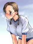  1girl bangs bent_over big_breasts blue_eyes blush braid breast_squeeze breasts breath brown_hair buruma cloud glasses gym_uniform hair_ornament hairclip large_breasts looking_away magaki_ryouta shirt sky solo sweat tou_no_sawa_majutsu_kenkyuukai tsujiura_miyako twin_braids wet wet_clothes wet_shirt 