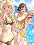 3_girls 5tatsu absurd_res ahoge alluring ann_takamaki atlus bare_arms barefoot beach bikini blonde_hair blue_eyes blunt_bangs blunt_ends bob_cut braid brown_eyes cleavage cloud cloudy_sky cowboy_shot crown_braid day floral_print floral_print_bikini frilled_bikini frills glasses grin high_res holding holding_swim_ring innertube long_hair looking_at_viewer lower_teeth_only makoto_niijima medium_breasts midriff multicolored_bikini multiple_girls navel ocean one_eye_closed open_mouth outside persona persona_5 print_bikini ruffle_bikini sakura_futaba scrunchie sega short_hair silf sky smile swept_bangs swim_ring swimsuit teeth twin_tails twitter_username upper_teeth_only v white_bikini wrist_scrunchie yellow_bikini