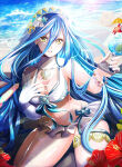 1girl adapted_costume alluring aqua_hair azura_(fire_emblem) beach bikini bracelet cleavage cocktail_umbrella drink elbow_gloves feh_(fire_emblem_heroes) female_focus fingerless_gloves fire_emblem fire_emblem_fates fire_emblem_heroes fire_emblem_warriors flower gloves hair_between_eyes hair_ornament hand_on_own_chest high_res intelligent_systems jewelry long_hair looking_at_viewer medium_breasts navel necklace nintendo ocean open_mouth sand_sculpture shell shell_hair_ornament single_glove sitting swimsuit tongari veil wariza white_gloves yellow_eyes