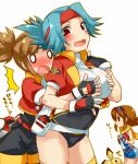  0_0 3girls belt blue_hair blush body_blush breast_envy breast_grab breasts brown_hair fanny_pack fingerless_gloves gloves goggles goggles_on_head grabbing hair headband hinata_(pokemon) hitomi_(pokemon) hitomi_(pokemon_ranger) irouha jacket leotard minami_(pokemon) multiple_girls pichu pokemon pokemon_ranger red_eyes skin_tight sweat text translated white_background yuri 