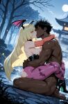 1boy1girl 1girl ai_generated blonde_hair cosplay curvy curvy_female curvy_figure dark-skinned_male dark_skin horns kissing lusamine morrigan_aensland_(cosplay) nude pokemon pokemon_sm sex succubus_costume