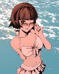 1girl 1girl alluring atlus beach bikini braid brown_hair cleavage crown_braid front-tie_bikini_top front-tie_top glasses looking_at_viewer makoto_niijima moshimoshibe persona persona_5 red_eyes round_eyewear sega short_hair sunglasses swimsuit water white_bikini