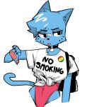 1girl 1girl 2019 4:5 5_fingers anthro bandage bandage_on_face bandage_on_nose blep blue_body blue_fur blue_hair cartoon_network choker clothed clothing decorative_pin domestic_cat english_text felid feline felis fingers front_view fullmetaljack fur gesture hair hand_gesture jewelry leotard looking_away mammal necklace nicole_watterson pawpads shirt simple_background text text_on_clothing text_on_shirt text_on_topwear the_amazing_world_of_gumball thumbs_down tied_shirt tight_clothing tongue tongue_out topwear white_background