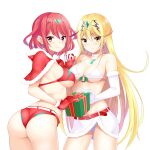 2_girls alluring ass bell belt big_breasts bikini blonde_hair box capelet chest_jewel christmas closed_mouth daive earrings elbow_gloves gem gift gift_box gloves hair_between_eyes high_res holding_hands interlocked_fingers jewelry long_hair multiple_girls mythra_(xenoblade) pyra_(xenoblade) red_belt red_bikini red_capelet red_eyes red_gloves red_hair short_hair simple_background smile swept_bangs swimsuit white_background white_bikini white_gloves xenoblade_(series) xenoblade_chronicles_2 yellow_eyes