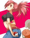 1girl arms_behind_back asuna_(pokemon) belt crop_top denim gym_leader holding holding_poke_ball irouha jeans long_hair looking_at_viewer looking_back midriff nintendo pants poke_ball pokemon pokemon_(game) pokemon_rse ponytail red_eyes red_hair smile torkoal