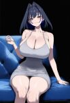 1girl ai_generated blue_eyes blue_hair blush breasts clothed clothed_female collarbone couch curvy curvy_female curvy_figure dress hips hololive hololive_english huge_breasts looking_at_viewer ouro_kronii smile thick_thighs thighs truck-kun_art virtual_youtuber voluptuous vtuber waist wide_hips