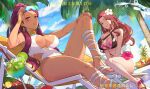 2_girls alluring alternate_costume beach_chair big_breasts bikini black_bikini brown_eyes brown_hair covered_erect_nipples cup curvy dark-skinned_female dark_skin day dorothea_arnault dorothea_arnault_(timeskip) earrings facial_hair fire_emblem fire_emblem:_three_houses flower food fruit green_eyes hair_flower hair_ornament hibiscus high_res hsin intelligent_systems jewelry long_hair looking_at_viewer multicolored_bikini multiple_girls nintendo one-piece_bikini outside palm_tree petra_macneary petra_macneary_(timeskip) purple_hair shiny_skin sunglasses swimsuit tree two-tone_bikini very_long_hair white_one-piece_bikini wide_hips