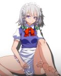 1girl bare_legs barefoot blue_eyes bottomless braid dress_shirt feet female izayoi_sakuya maid maid_headdress no_pants shirt silver_hair sitting solo spread_pussy_under_clothes toes tori_(minamopa) touhou twin_braids