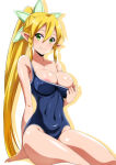 1girl airando alluring arm_support bare_shoulders big_breasts blonde_hair blue_one-piece_bikini blush braid cleavage clothes_pull collarbone covered_navel elf female_focus green_eyes groin hair_between_eyes high_res island_(kossori) leafa leafa_(sao) long_hair looking_at_viewer nipple_slip nipples one-piece_bikini one-piece_bikini_pull pointy_ears pulling_own_clothes shiny_clothes shiny_skin side_braid sitting swimsuit sword_art_online twin_braids very_long_hair wariza