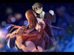  1boy 1girl bad_id big_breasts bison_cangshu bisonbison black_hair blurry bokeh bow bowtie breasts brown_eyes couple dancing depth_of_field dress formal hetero large_breasts letterboxed long_hair maou_(maoyuu) maoyuu_maou_yuusha red_eyes red_hair short_hair star suit yuusha_(maoyuu) 