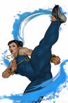 1girl black_eyes black_hair blue_bodysuit bodysuit bracelet breasts capcom chinese_clothes chinese_female chun-li clenched_hand dima_ivanov earrings expressionless female_only female_solo fighting_stance hair_bun half-closed_eyes high_kick jewelry kicking leg_lift lips lipstick looking_at_viewer makeup neck parted_lips pose posing red_lipstick serious short_hair skin_tight sleeveless sleeveless_bodysuit small_breasts standing standing_on_one_leg street_fighter street_fighter_zero tied_hair white_background white_earrings
