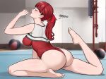 1girl 1girl alluring ass atlus bare_legs barefoot big_breasts bubble_ass bubble_butt flexible gymnastics indoors kasumi_yoshizawa large_ass leotard lepypepy light-skinned_female light_skin long_hair megami_tensei persona persona_5 persona_5_royal ponytail red_eyes red_hair sega stretching sumire_yoshizawa thighs
