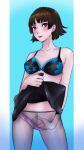 1girl 1girl alluring atlus bare_shoulders blue_background blush bra brown_hair clip_studio_paint_(medium) clothes_lift collarbone cypher_ink high_res lifting_own_clothes makoto_niijima panties persona persona_5 pink_panties red_eyes red_lips sega short_hair silf underwear