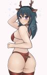 1girl alluring antlers ass big_ass big_breasts bikini blue_eyes blush byleth_(fire_emblem) byleth_(fire_emblem)_(female) cowboy_shot fire_emblem fire_emblem:_three_houses gradient gradient_background intelligent_systems long_hair looking_at_viewer looking_back nintendo purrlucii reindeer_antlers stockings striped striped_legwear teal_hair underwear vertical_stripes