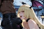 1boy1girl 1girl ai_generated blonde_hair bulge cosplay curvy curvy_female curvy_figure dark-skinned_male dark_skin horns lusamine morrigan_aensland_(cosplay) pokemon pokemon_sm succubus_costume