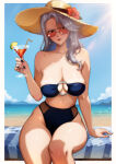 1girl 1girl absurd_res alluring atlus bare_shoulders beach big_breasts bikini black_bikini black_nails cleavage cocktail_glass cup curvy drinking_glass drinking_straw earrings flower food fruit gravydood grey_hair hat hat_flower high_res holding holding_cup jewelry lime_(fruit) looking_at_viewer persona persona_5 red-framed_eyewear red_eyes red_lips sae_niijima sega silf sitting sun_hat sunglasses swimsuit thighs v-shaped_eyebrows
