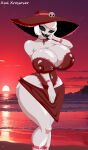 beach black_eyes hat hazbin_hotel rosie_(hazbin_hotel) sharp_teeth sunset swimwear voluptuous white_hair white_skin xml_xrossover_(artist)